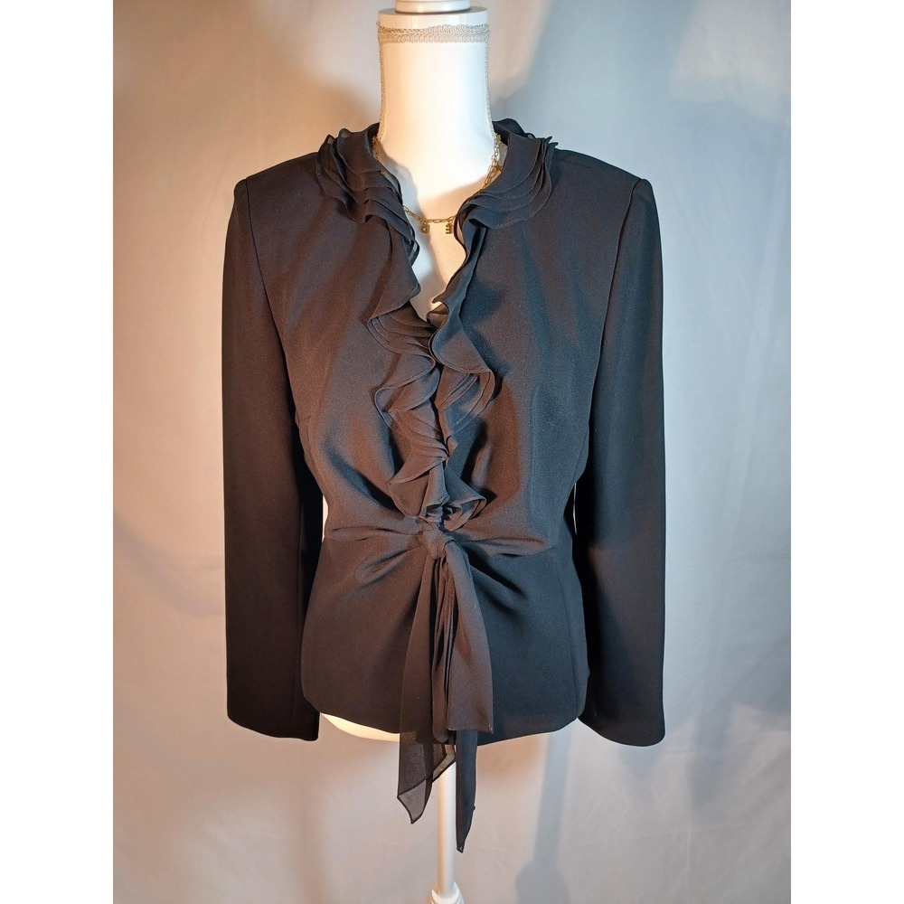 Kay Unger New York Blouse Womens Medium Black Ruffle‎ V Neck Tie Waist Lined